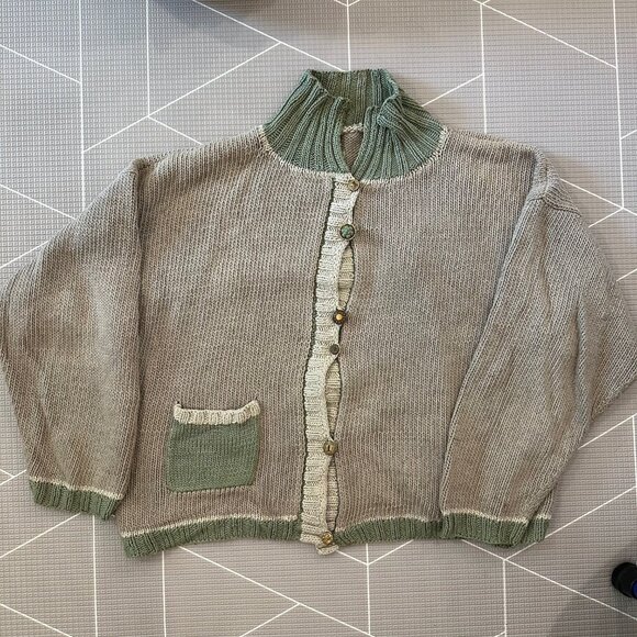 Handknit Oversized Beige Sweater with Cream & Green Accents & Antique Buttons - Picture 1 of 10